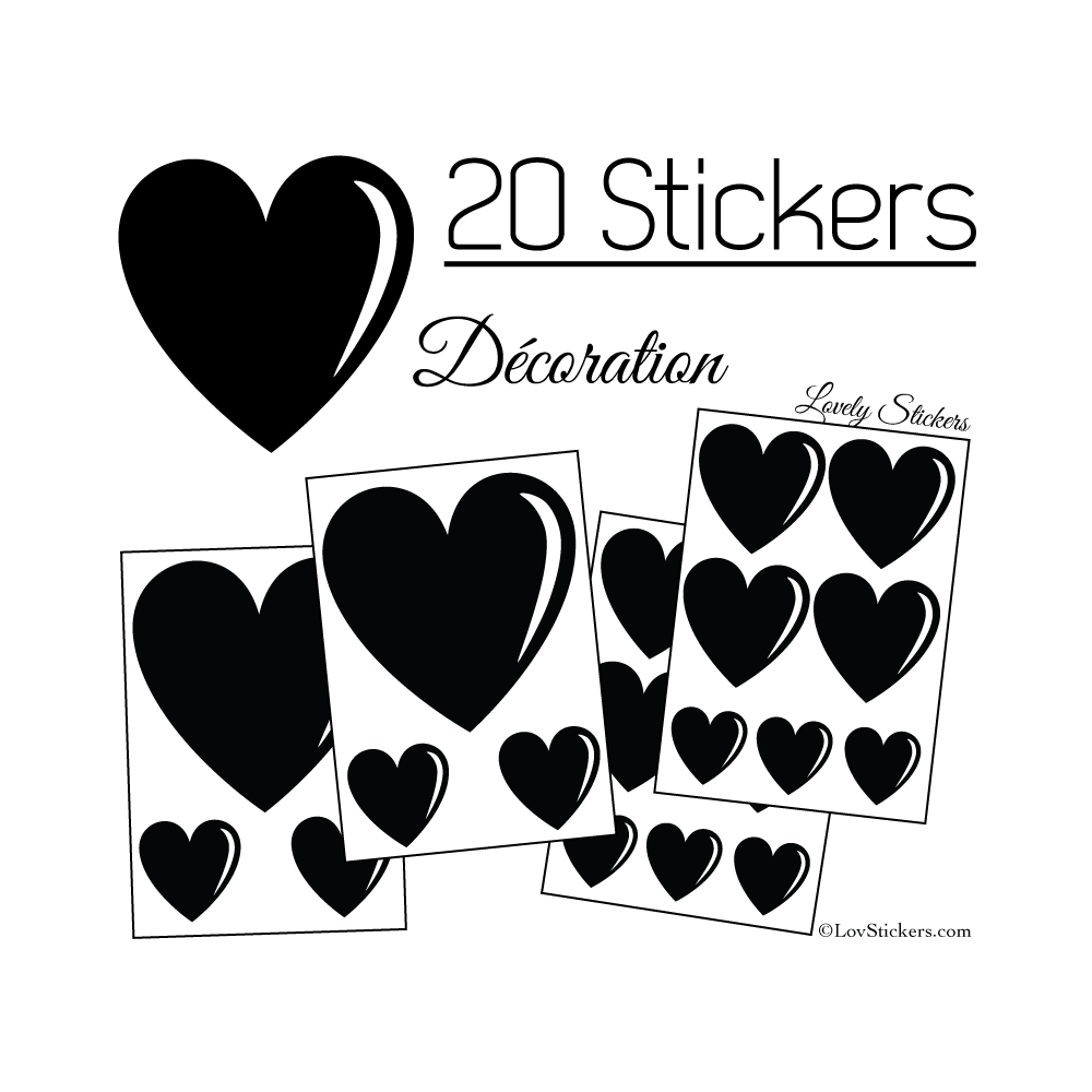 20 Stickers Coeurs - Autocollant décoration - 6,99 € Couleur Interieur Noir