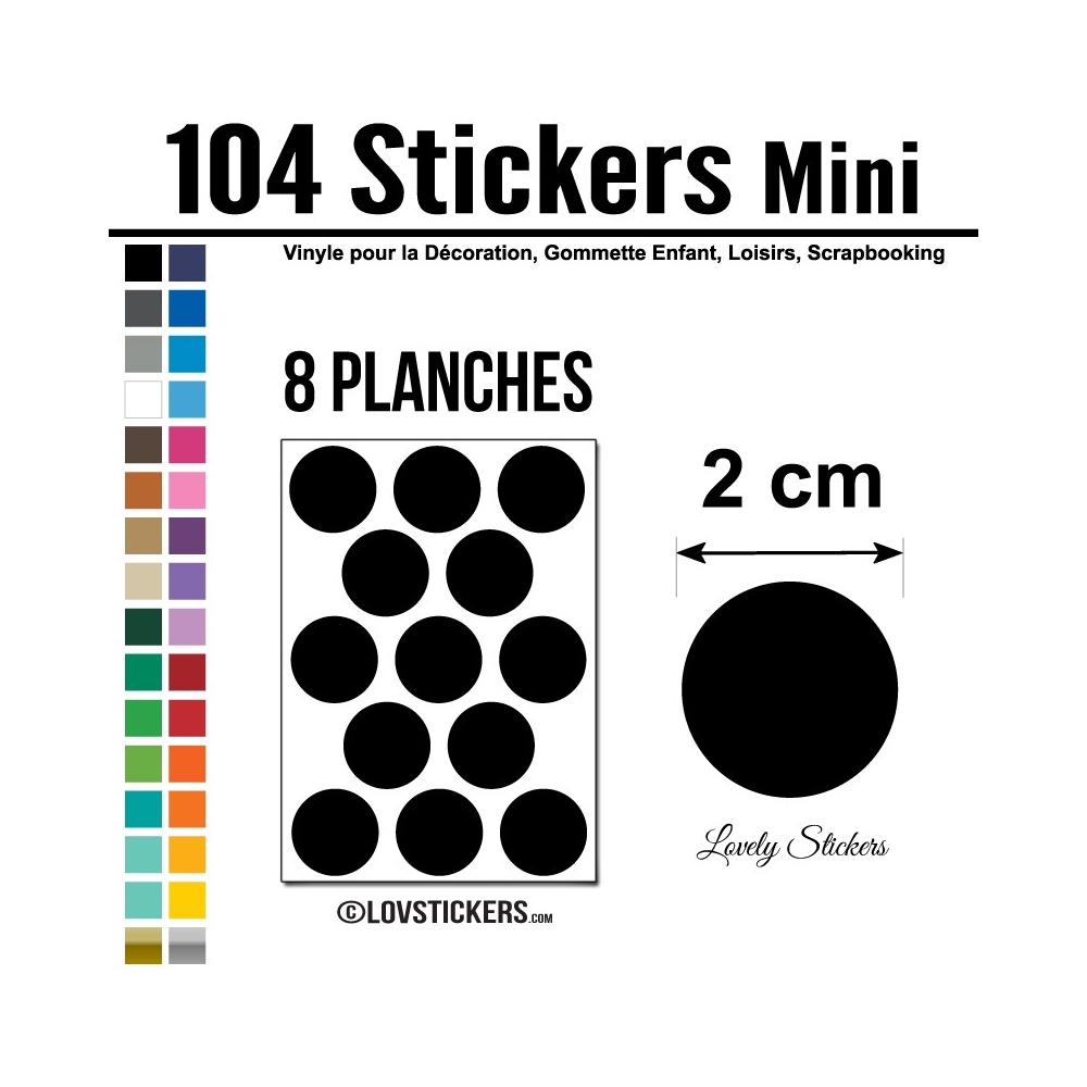 104 Stickers Ronds 2 cm - Décoration Gommette Loisirs - Vinyle Couleur  Interieur Noir