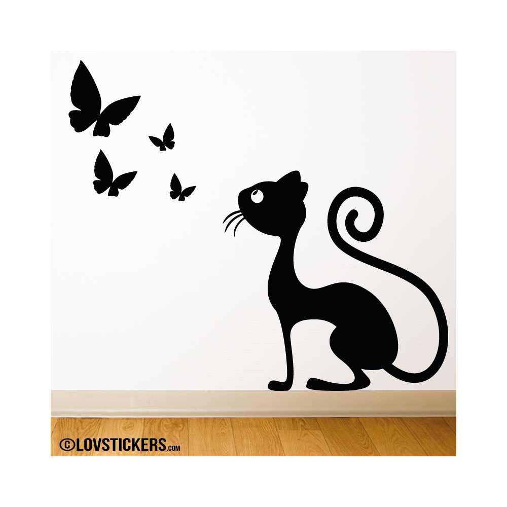 Sticker d'un chat observant les papillons Couleur Interieur Noir  Orientation - Sens Normal