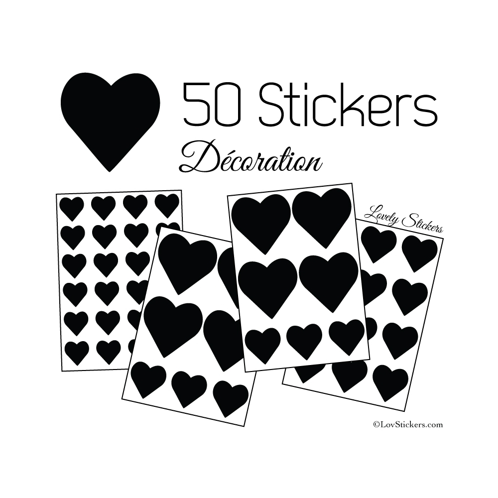 50 Stickers Coeurs 5CM 3CM 2CM - Décoration maison - 6,99 € Couleur  Interieur Noir