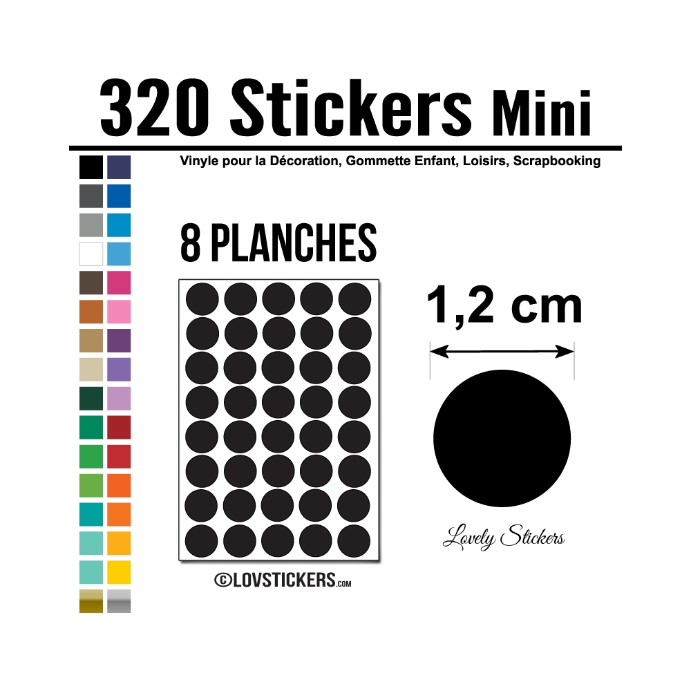 320 Pastilles Rondes de 1,2cm - Gommette Deco Repositionnable Couleur  Interieur Noir